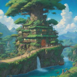 A green, vibrant Studio Ghibli fantasy world brimming with details, lush landscapes, and fantastical creatures