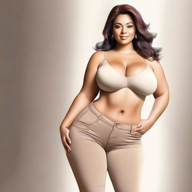 A high-quality digital art image that showcases a voluptuous, mature beauty wearing tight pants