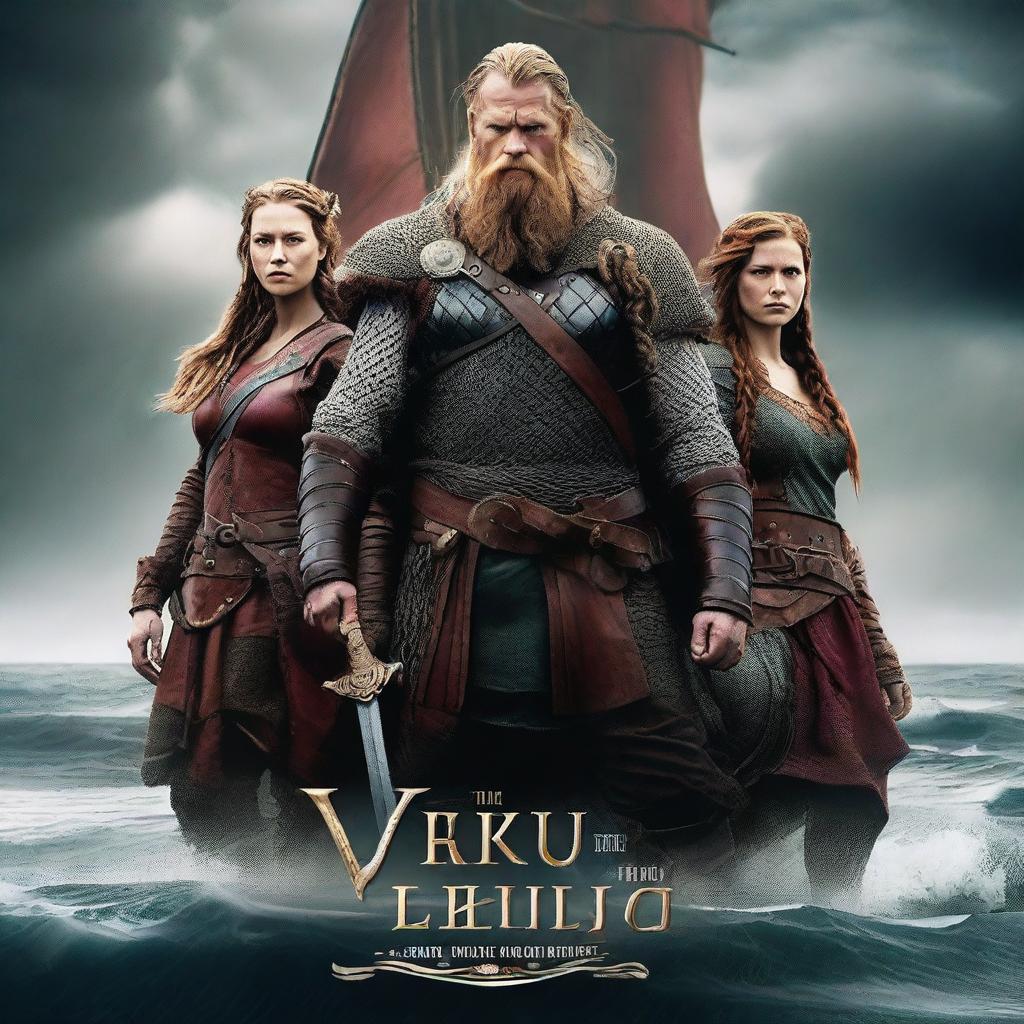 A high-quality, digitally rendered movie poster featuring two burly Viking men standing on either side of a woman