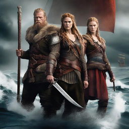 A high-quality, digitally rendered movie poster featuring two burly Viking men standing on either side of a woman