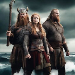 A high-quality, digitally rendered movie poster featuring two burly Viking men standing on either side of a woman