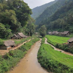 A quaint, serene village nestled in the heart of a towering tree forest, farmers tending to their fields, accompanied by a bubbling river nearby.