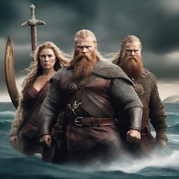 A high-quality, digitally rendered movie poster featuring two burly Viking men standing on either side of a woman