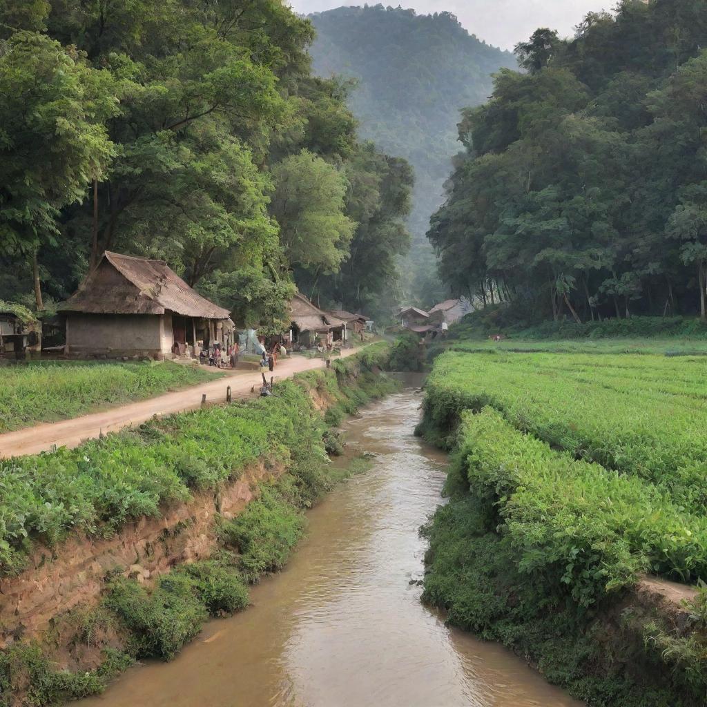 A quaint, serene village nestled in the heart of a towering tree forest, farmers tending to their fields, accompanied by a bubbling river nearby.