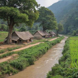 A quaint, serene village nestled in the heart of a towering tree forest, farmers tending to their fields, accompanied by a bubbling river nearby.