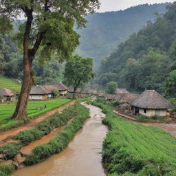 A quaint, serene village nestled in the heart of a towering tree forest, farmers tending to their fields, accompanied by a bubbling river nearby.