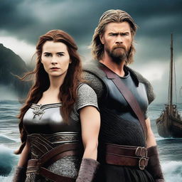 A high-quality, digital art movie poster featuring likenesses of Chris Hemsworth and David Tennant as Viking men, standing on either side of Winona Ryder