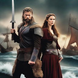 A high-quality, digital art movie poster featuring likenesses of Chris Hemsworth and David Tennant as Viking men, standing on either side of Winona Ryder