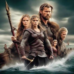 A high-quality, digital art movie poster featuring likenesses of Chris Hemsworth and David Tennant as Viking men, standing on either side of Winona Ryder