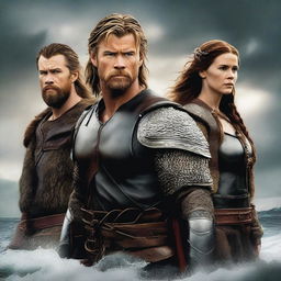 A high-quality, digital art movie poster featuring likenesses of Chris Hemsworth and David Tennant as Viking men, standing on either side of Winona Ryder