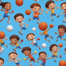 Create an image of cartoon characters participating in various sports like football, basketball, running, jumping, tennis, cricket. Capture their playful competitiveness and camaraderie in an engaging, striking manner.