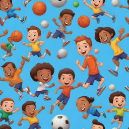 Create an image of cartoon characters participating in various sports like football, basketball, running, jumping, tennis, cricket. Capture their playful competitiveness and camaraderie in an engaging, striking manner.