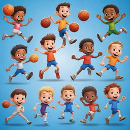 Create an image of cartoon characters participating in various sports like football, basketball, running, jumping, tennis, cricket. Capture their playful competitiveness and camaraderie in an engaging, striking manner.