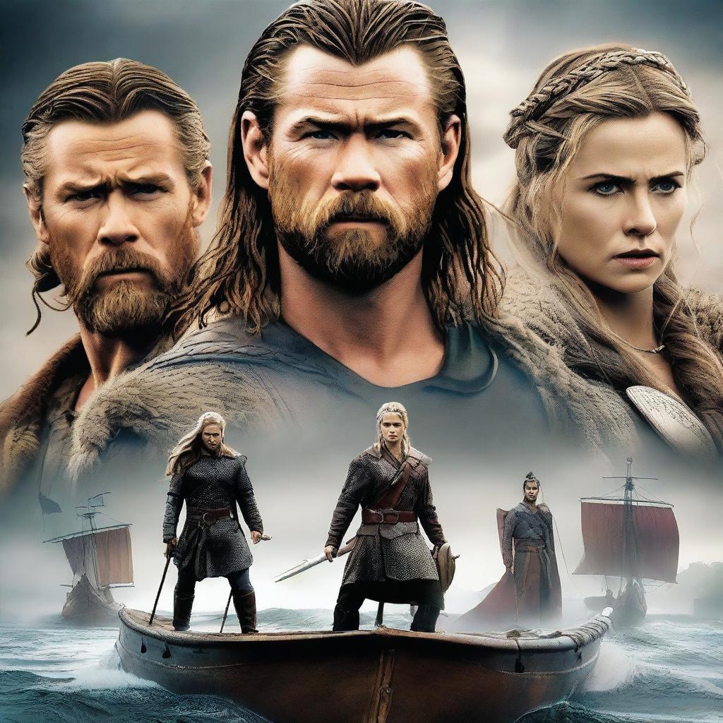 A high-quality digital art movie poster featuring Chris Hemsworth and David Tennant as robust Viking warriors, with Winona Ryder depicted as a formidable Viking woman standing between them