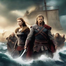 A high-quality digital art movie poster featuring Chris Hemsworth and David Tennant as robust Viking warriors, with Winona Ryder depicted as a formidable Viking woman standing between them