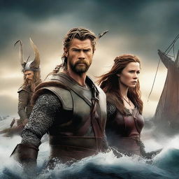 A high-quality digital art movie poster featuring Chris Hemsworth and David Tennant as robust Viking warriors, with Winona Ryder depicted as a formidable Viking woman standing between them