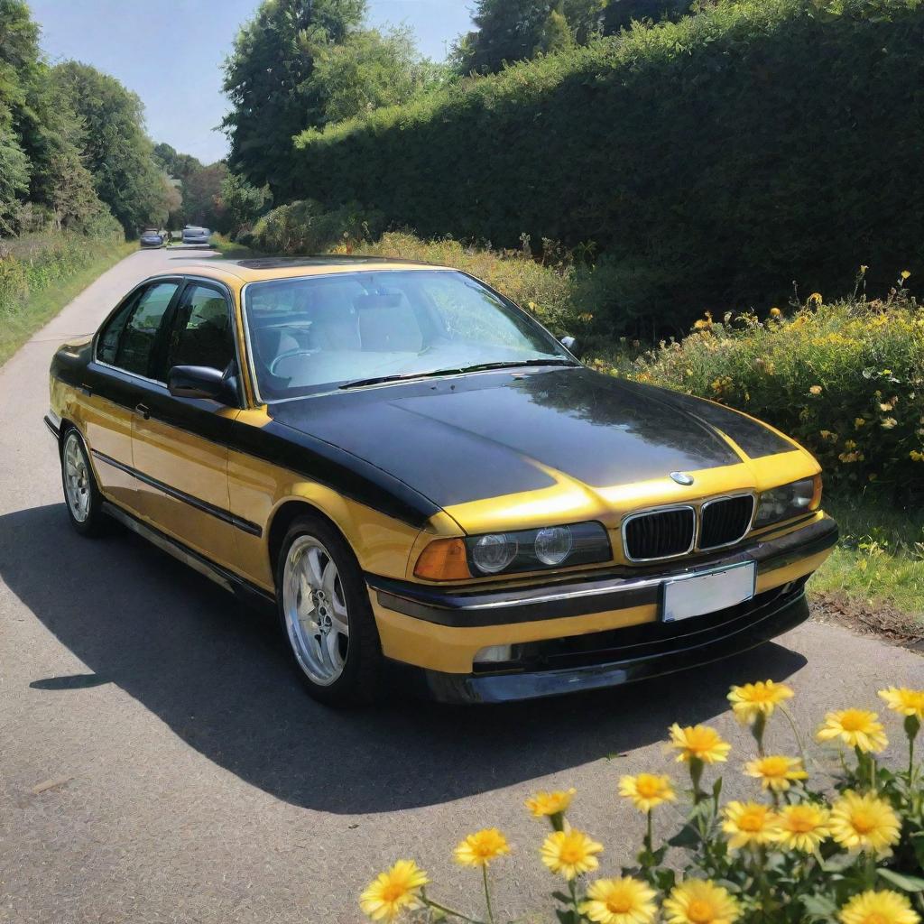 A detailed BMW E38, painted black and yellow like a bumble bee, on a sunlit road surrounded by flowers.