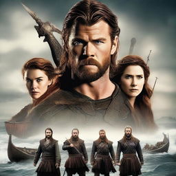 A high-quality digital art movie poster featuring Chris Hemsworth and David Tennant as robust Viking warriors, with Winona Ryder depicted as a formidable Viking woman standing between them