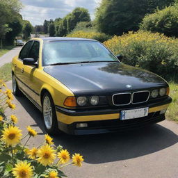 A detailed BMW E38, painted black and yellow like a bumble bee, on a sunlit road surrounded by flowers.