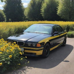 A detailed BMW E38, painted black and yellow like a bumble bee, on a sunlit road surrounded by flowers.