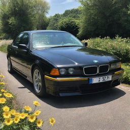 A detailed BMW E38, painted black and yellow like a bumble bee, on a sunlit road surrounded by flowers.