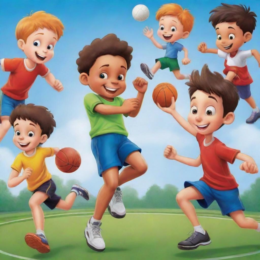 Generate an image of children's cartoon characters participating in a variety of sports such as football, basketball, running, jumping, tennis, and cricket, capturing their innocence, competitiveness, and camaraderie in a striking way.