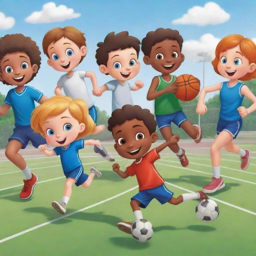 Generate an image of children's cartoon characters participating in a variety of sports such as football, basketball, running, jumping, tennis, and cricket, capturing their innocence, competitiveness, and camaraderie in a striking way.