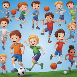 Generate an image of children's cartoon characters participating in a variety of sports such as football, basketball, running, jumping, tennis, and cricket, capturing their innocence, competitiveness, and camaraderie in a striking way.