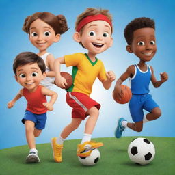 Generate an image of children's cartoon characters participating in a variety of sports such as football, basketball, running, jumping, tennis, and cricket, capturing their innocence, competitiveness, and camaraderie in a striking way.