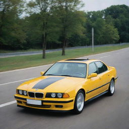 A bright yellow BMW E38 with bold racing stripes running from the hood to the trunk