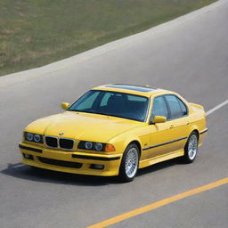 A bright yellow BMW E38 with bold racing stripes running from the hood to the trunk