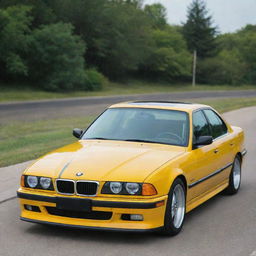 A bright yellow BMW E38 with bold racing stripes running from the hood to the trunk