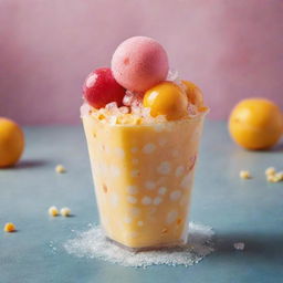 A vibrant photograph featuring a refreshing pop ice, extravagantly topped with bubbles and cheese.