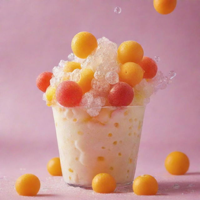 A vibrant photograph featuring a refreshing pop ice, extravagantly topped with bubbles and cheese.