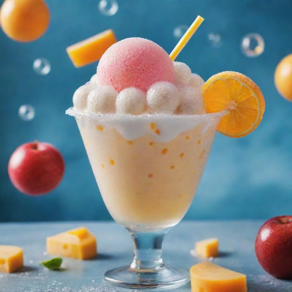 A vibrant photograph featuring a refreshing pop ice, extravagantly topped with bubbles and cheese.