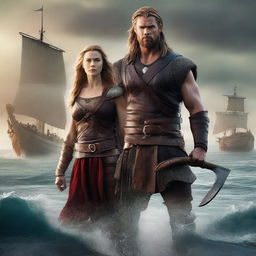 A high-quality digital art movie poster featuring Chris Hemsworth as a fearsome Viking warrior, along with another Viking man with brown hair, and a dark-haired woman Viking