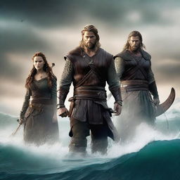 A high-quality digital art movie poster featuring Chris Hemsworth as a fearsome Viking warrior, along with another Viking man with brown hair, and a dark-haired woman Viking