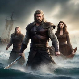 A high-quality digital art movie poster featuring Chris Hemsworth as a fearsome Viking warrior, along with another Viking man with brown hair, and a dark-haired woman Viking