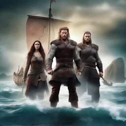 A high-quality digital art movie poster featuring Chris Hemsworth as a fearsome Viking warrior, along with another Viking man with brown hair, and a dark-haired woman Viking