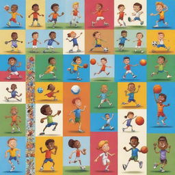 An assortment of vibrant cartoon characters participating in diverse sports such as football, basketball, running, jumping, tennis and cricket, exuding their innocent competitiveness and camaraderie joyously.