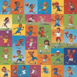 An assortment of vibrant cartoon characters participating in diverse sports such as football, basketball, running, jumping, tennis and cricket, exuding their innocent competitiveness and camaraderie joyously.