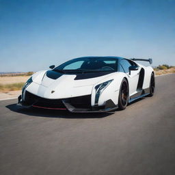 A Lamborghini Veneno sitting majestically on an asphalt road under a bright sunny sky.