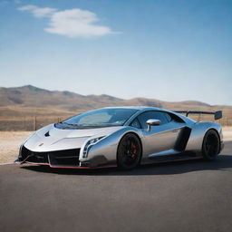 A Lamborghini Veneno sitting majestically on an asphalt road under a bright sunny sky.