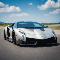 A Lamborghini Veneno sitting majestically on an asphalt road under a bright sunny sky.