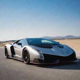 A Lamborghini Veneno sitting majestically on an asphalt road under a bright sunny sky.