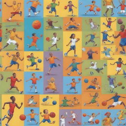 Vibrant and lively cartoon characters engaging in various sports like football, basketball, running, jumping, tennis, and cricket, illustrating their innocent competitiveness and camaraderie in a captivating way.