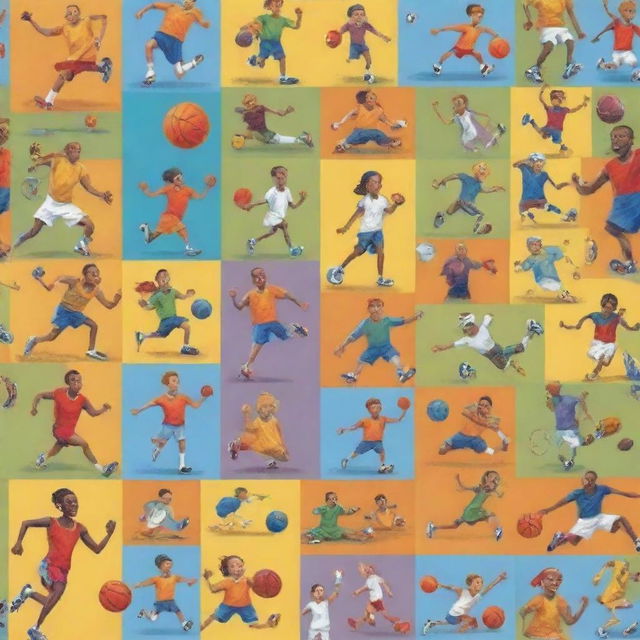 Vibrant and lively cartoon characters engaging in various sports like football, basketball, running, jumping, tennis, and cricket, illustrating their innocent competitiveness and camaraderie in a captivating way.