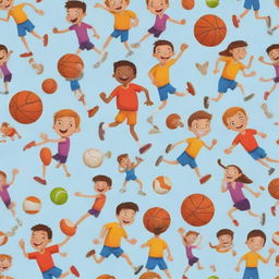 Vibrant and lively cartoon characters engaging in various sports like football, basketball, running, jumping, tennis, and cricket, illustrating their innocent competitiveness and camaraderie in a captivating way.