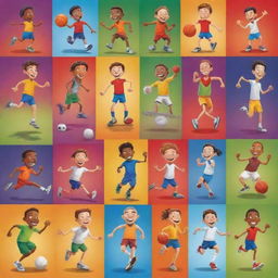 Vibrant and lively cartoon characters engaging in various sports like football, basketball, running, jumping, tennis, and cricket, illustrating their innocent competitiveness and camaraderie in a captivating way.