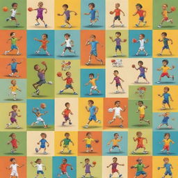 Vibrant and lively cartoon characters engaging in various sports like football, basketball, running, jumping, tennis, and cricket, illustrating their innocent competitiveness and camaraderie in a captivating way.